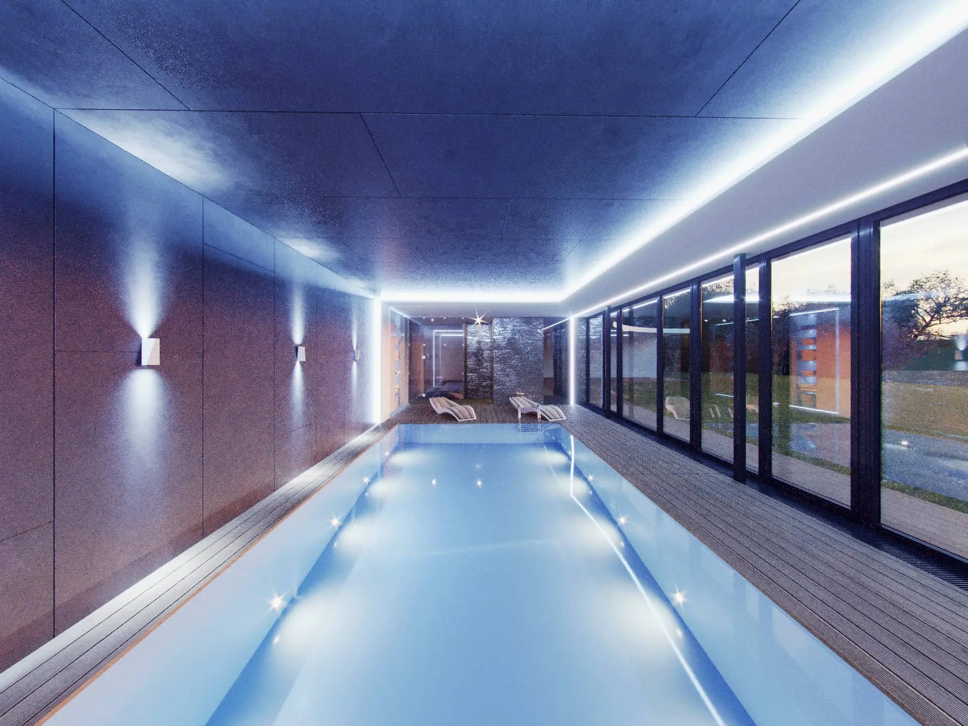 Návrh interiéru luxusní vily s vnitřním bazénem